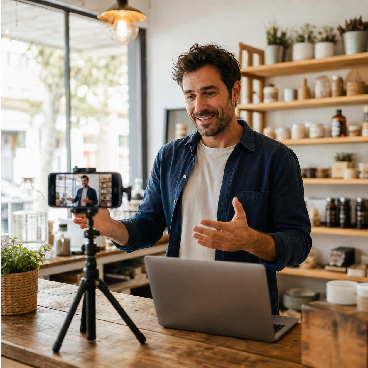 Emprendedor grabando vídeo de producto para su pyme española con smartphone y trípode