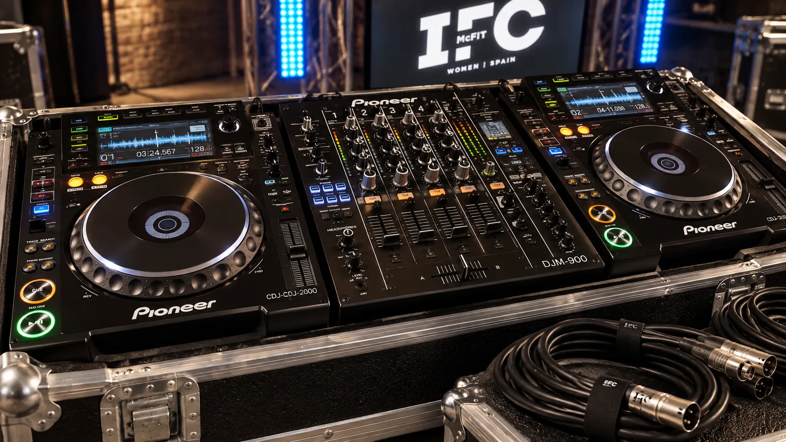 Primer plano de equipos Pioneer CDJ y mixer profesional para alquiler