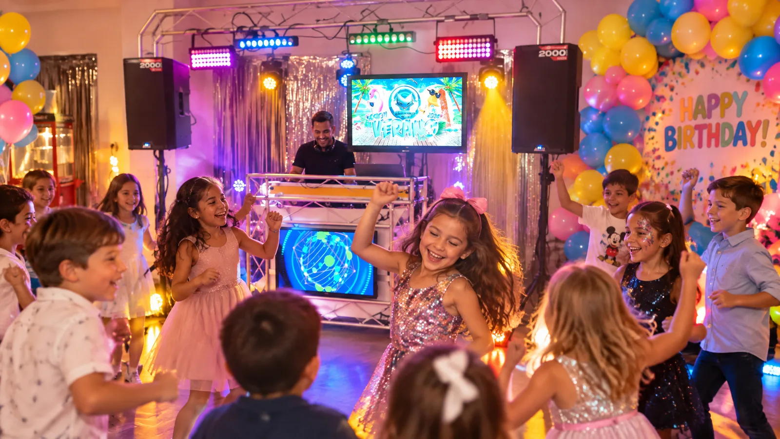 Fiesta de cumpleaños infantil con DJ profesional y decoración de globos