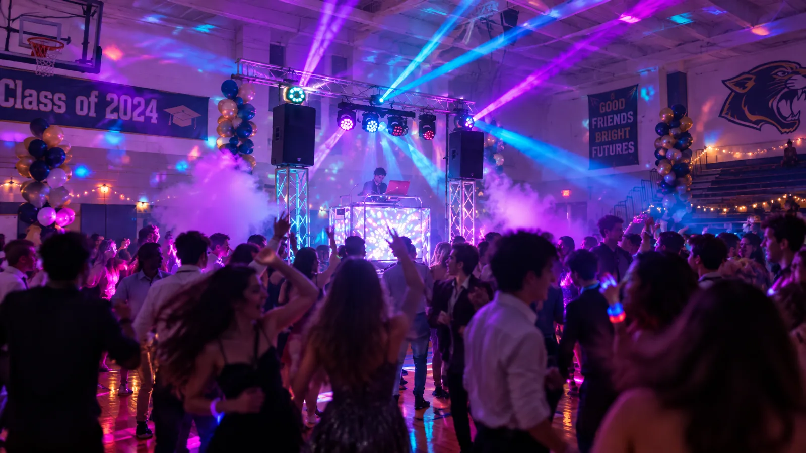 Fiesta de graduación escolar con DJ profesional y luces de colores