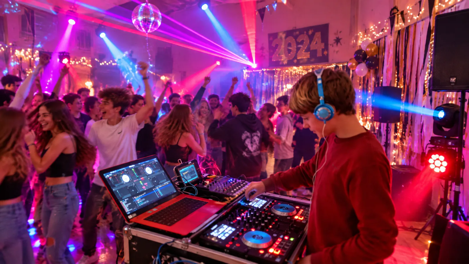 Fiesta fin de curso con DJ y efectos de iluminación LED