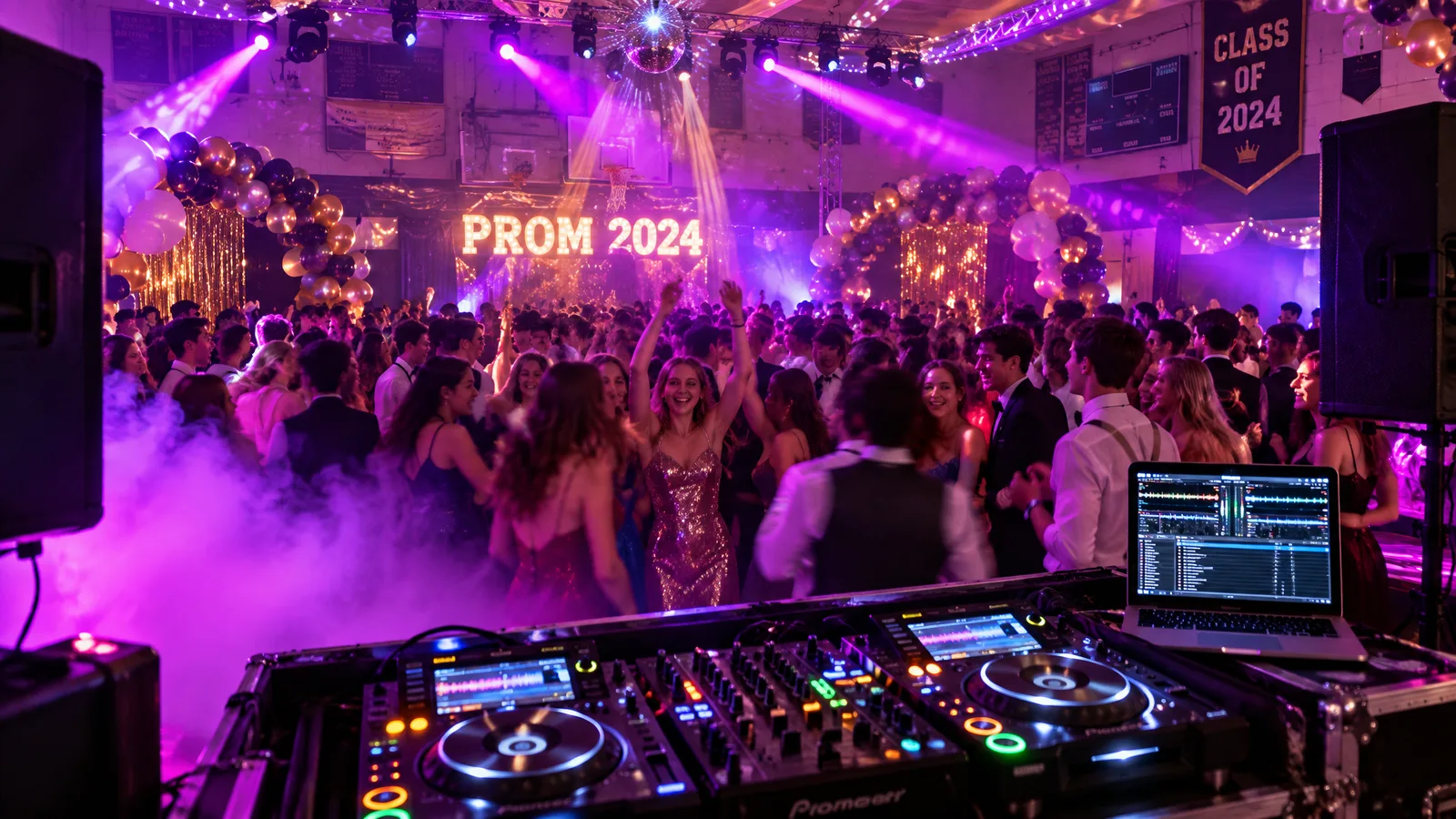 Baile de gala escolar con DJ profesional, luces y máquina de humo