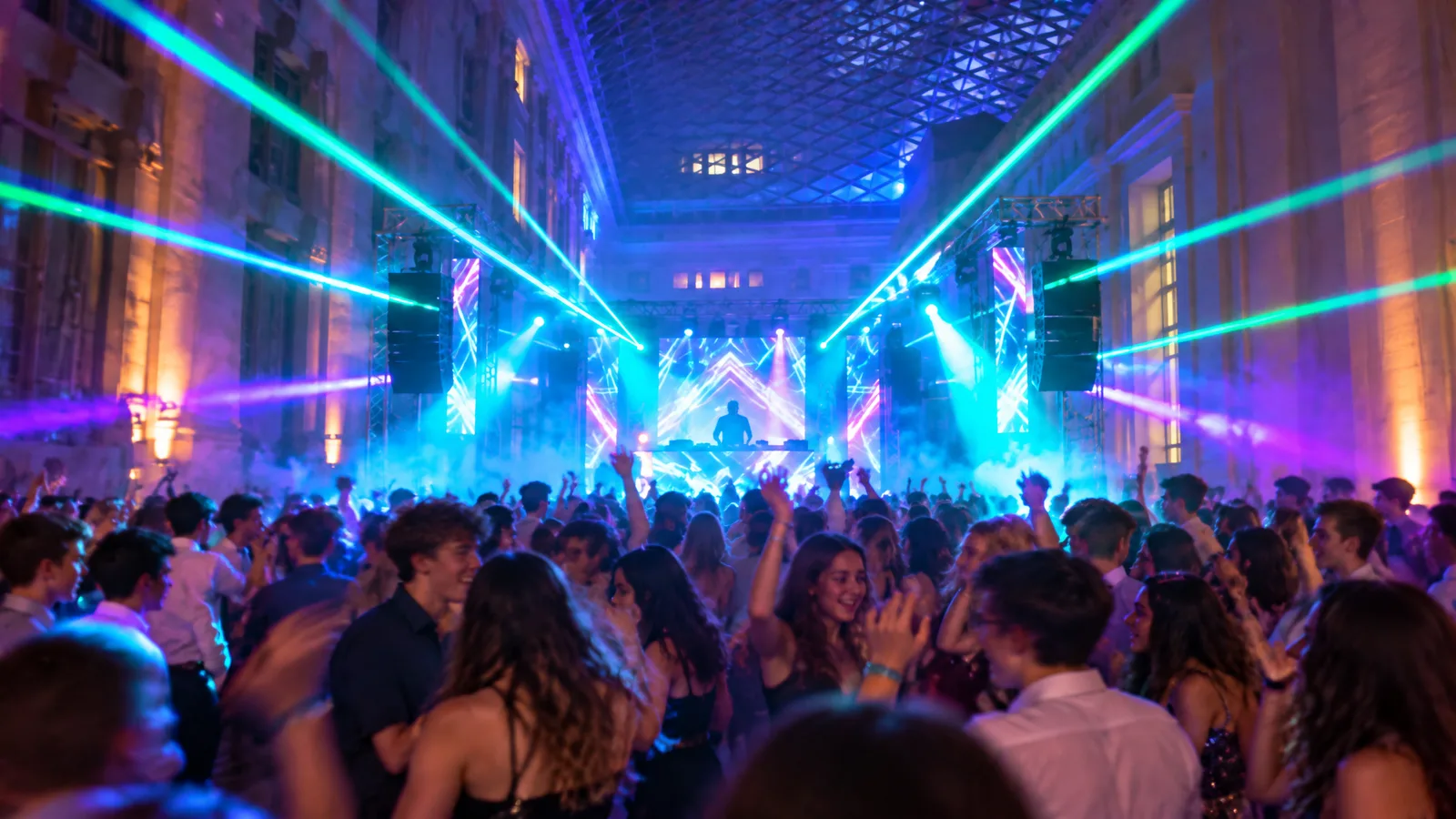 Gran evento escolar con sonido e iluminación profesional, estudiantes bailando